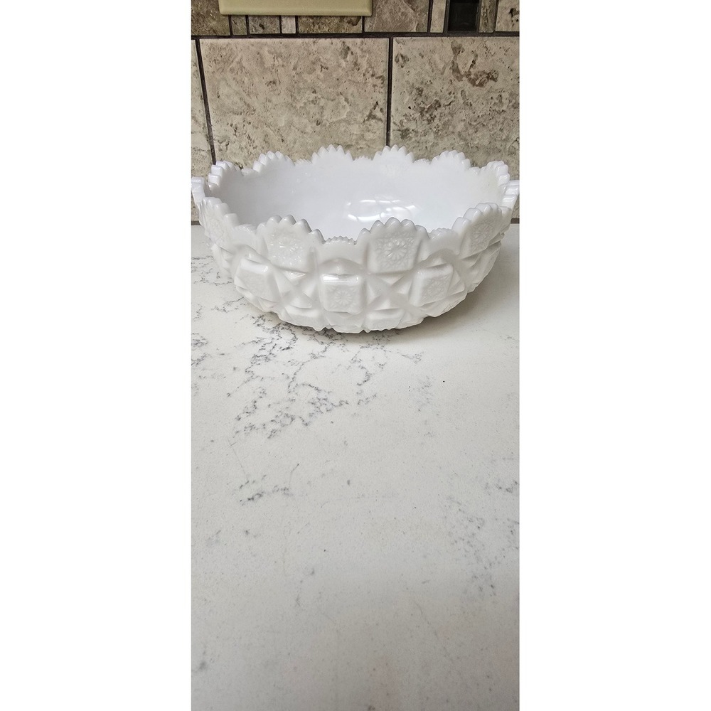 Vintage White Milk Glass Bowl Sawtooth Rim Star Pressed Glass Pattern 8.5 Inch